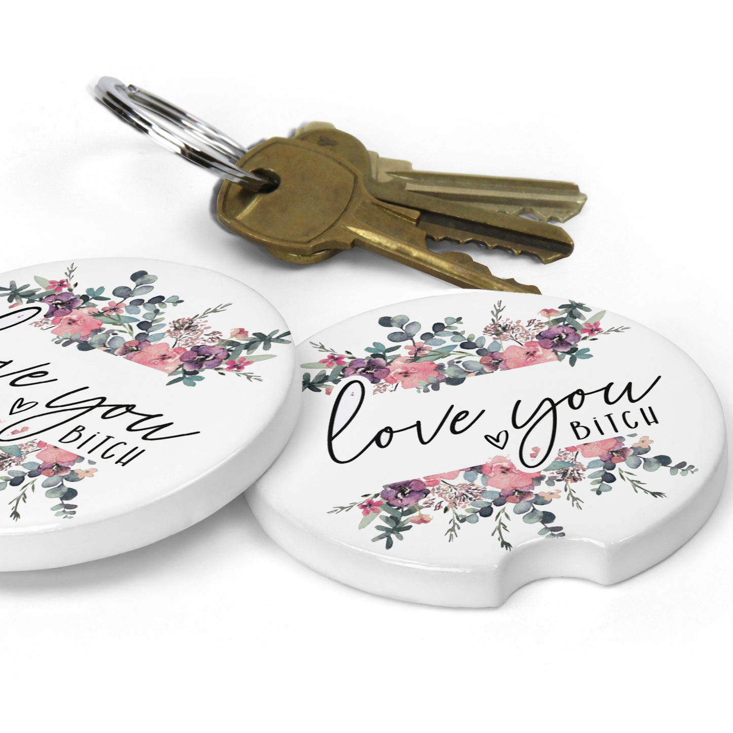 Love You Bitch Floral Car Coaster Set (Set of 2)