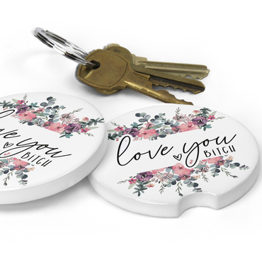 Love You Bitch Floral Car Coaster Set (Set of 2)