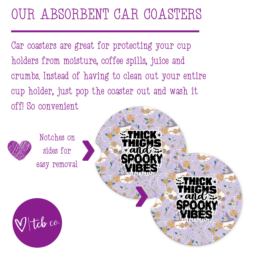 Thick Thighs and Spooky Vibes Car Coaster Set (Set of 2)