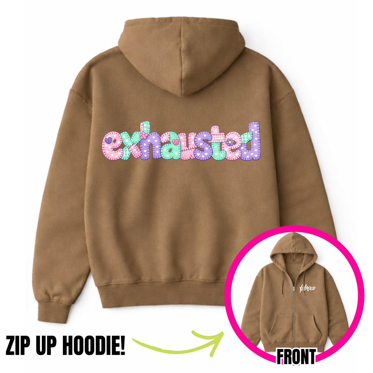 Exhausted Faux Patchwork Zip-Up Hoodie