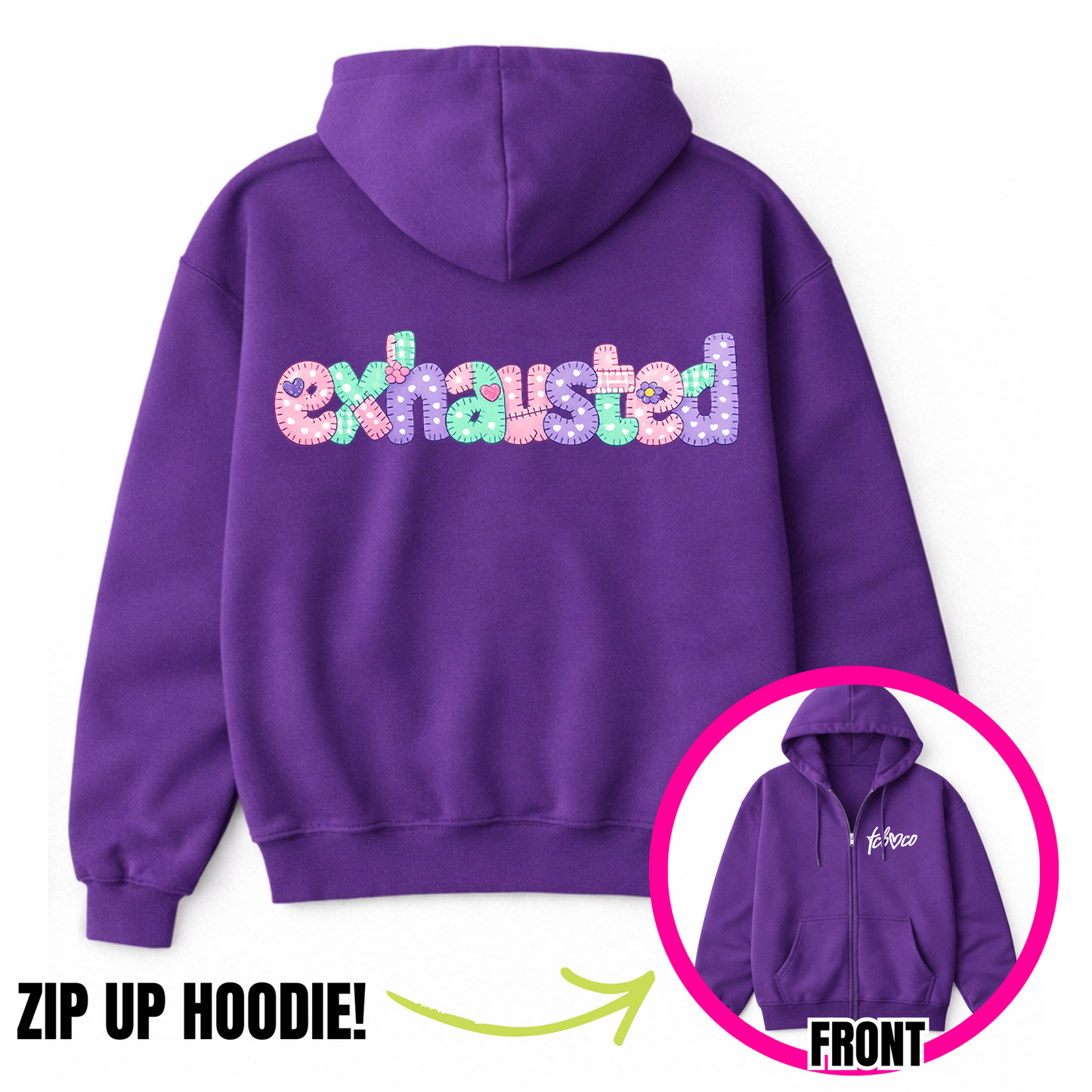 Exhausted Faux Patchwork Zip-Up Hoodie