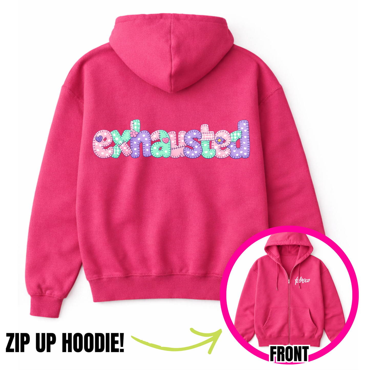 Exhausted Faux Patchwork Zip-Up Hoodie