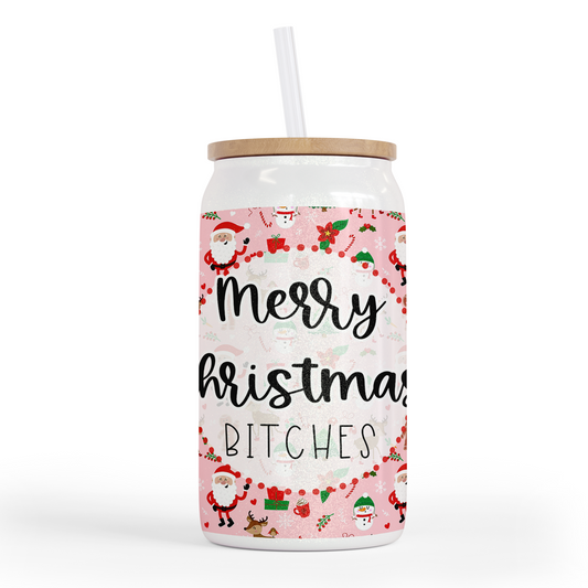 Merry Christmas Bitches 16 Oz Shimmer Glass Jar