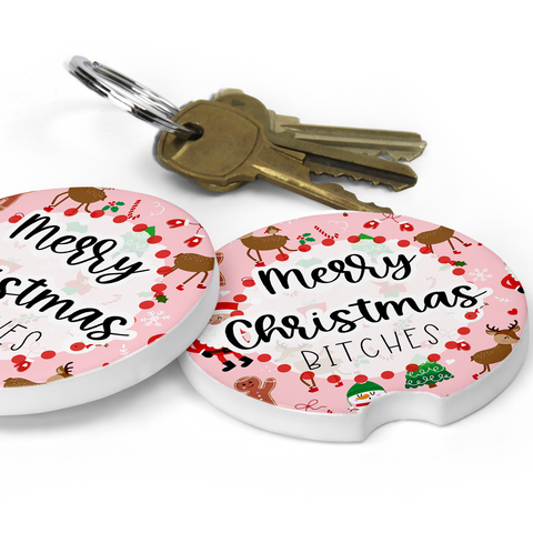 Merry Christmas Bitches Car Coaster Set (Set of 2)