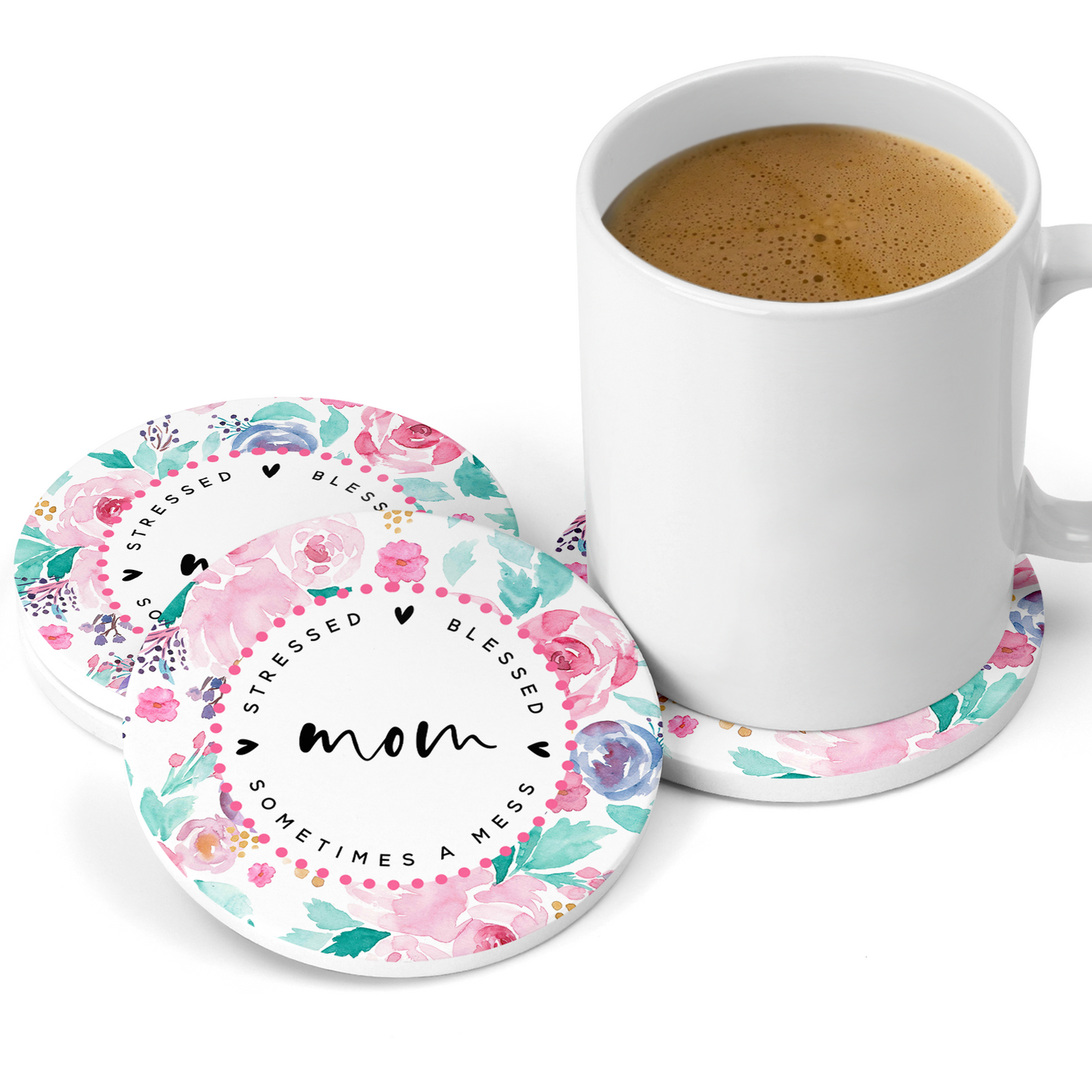 Stressed Blessed and Sometimes a Mess Mom Sandstone Coaster Set